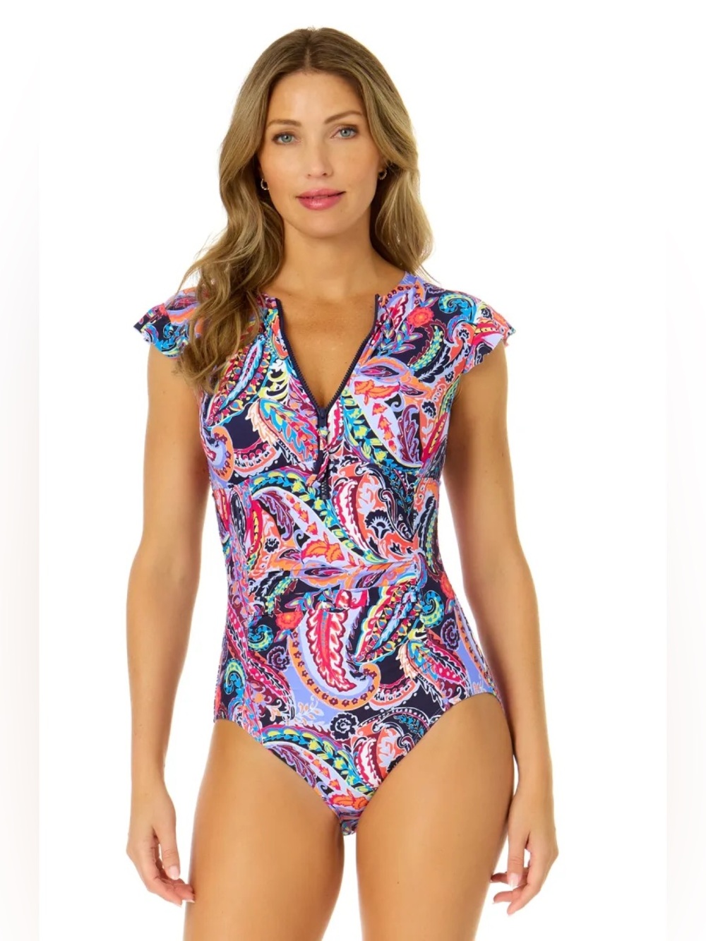 Anne Cole Paisley Parade Flutter Sleeve Zip Up Rash Guard One Piece Swimsuit 16